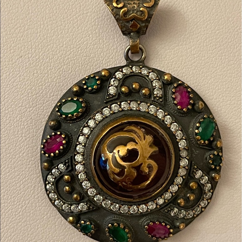 Vintage silver pendant with ruby/emerald 2”x1.5”